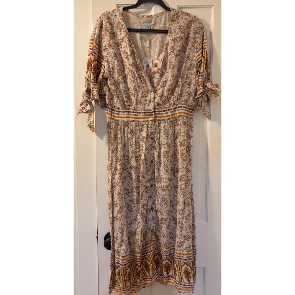 Floral Boho Chic Midi Dress Smocked Waist NWT Festival Cottagecore Tie Sleeve